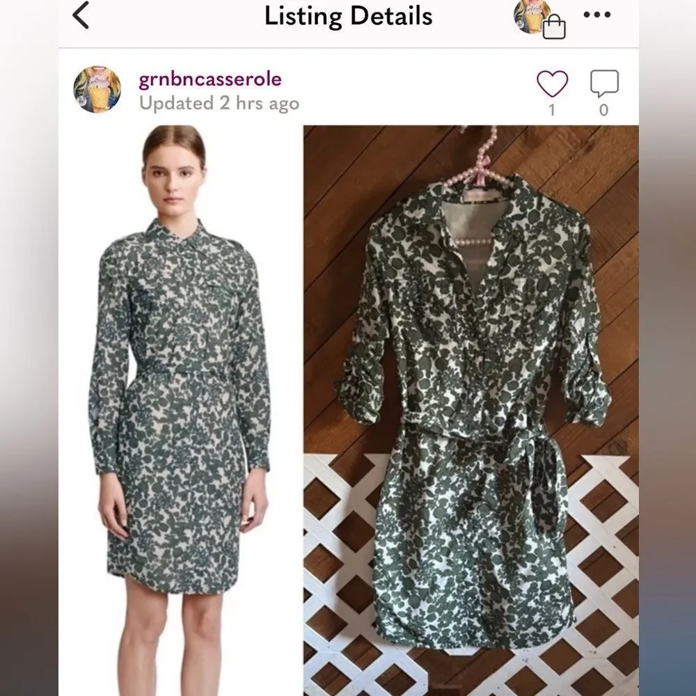 Tory Burch Green and White Floral Midi Shirt Dress size 12 - missing belt
